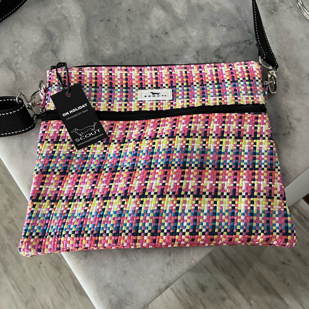 Scout Pink and Blue Crossbody Woven Bag with Plaid Pattern